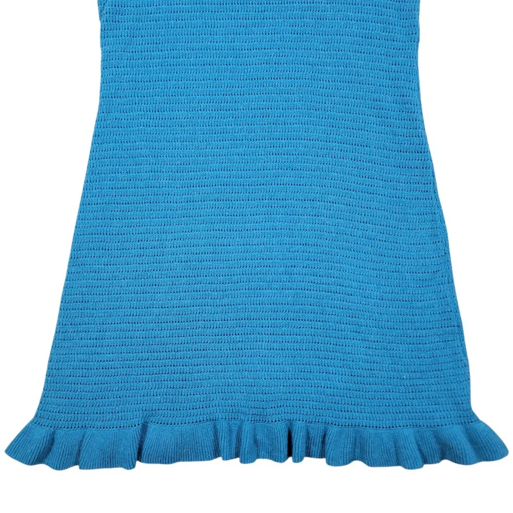 Anthropologie Ruffled Pointelle Knit Mini Dress Womens M Blue Green Lined Summer